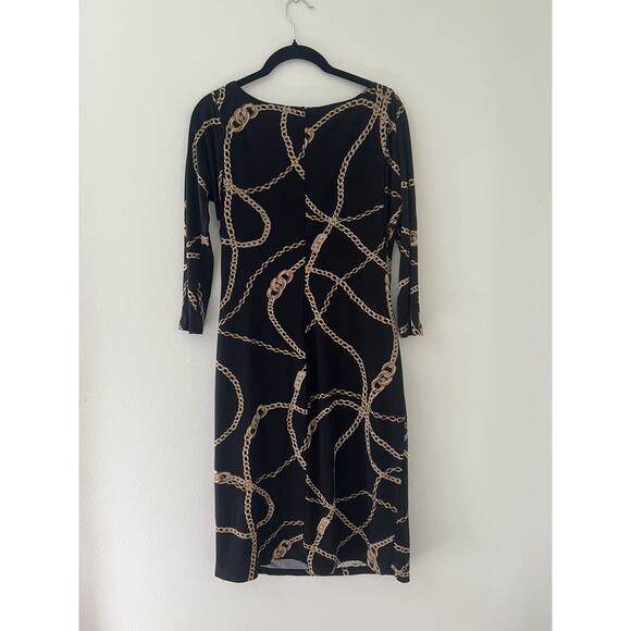 L AUREN RALPH LAUREN Black Gold Chain Link Jersey Dress Boat Neck bodycon sz 10 - Picture 9 of 11
